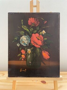 Vintage Original Floral Oil Painting Dark Moody Chiaroscuro Still Life 8"x10"